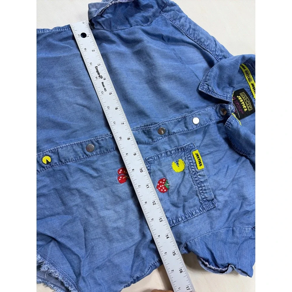 Justice Girls Pac-Man Denim Shirt Blue Short Sleeve Lyocell High Low Hem XS 5/6
